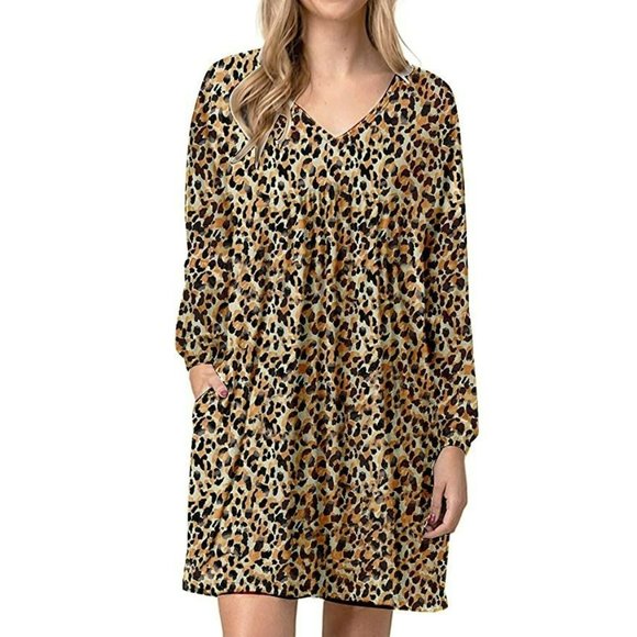 Women's Baby Doll Dress with Pockets, L, Leopard, Long Sleeve Flowy Tunic V Neck - Picture 1 of 9